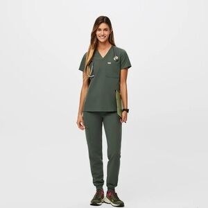 Figs Set in Moss caterina scrub top and zamora jogger bottom